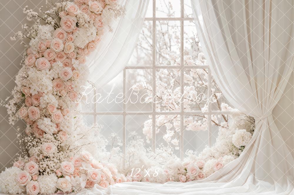 Kate Spring Flower Arch Pink White Blossoms Window Drapes Printed Backdrop Designed by Emetselch