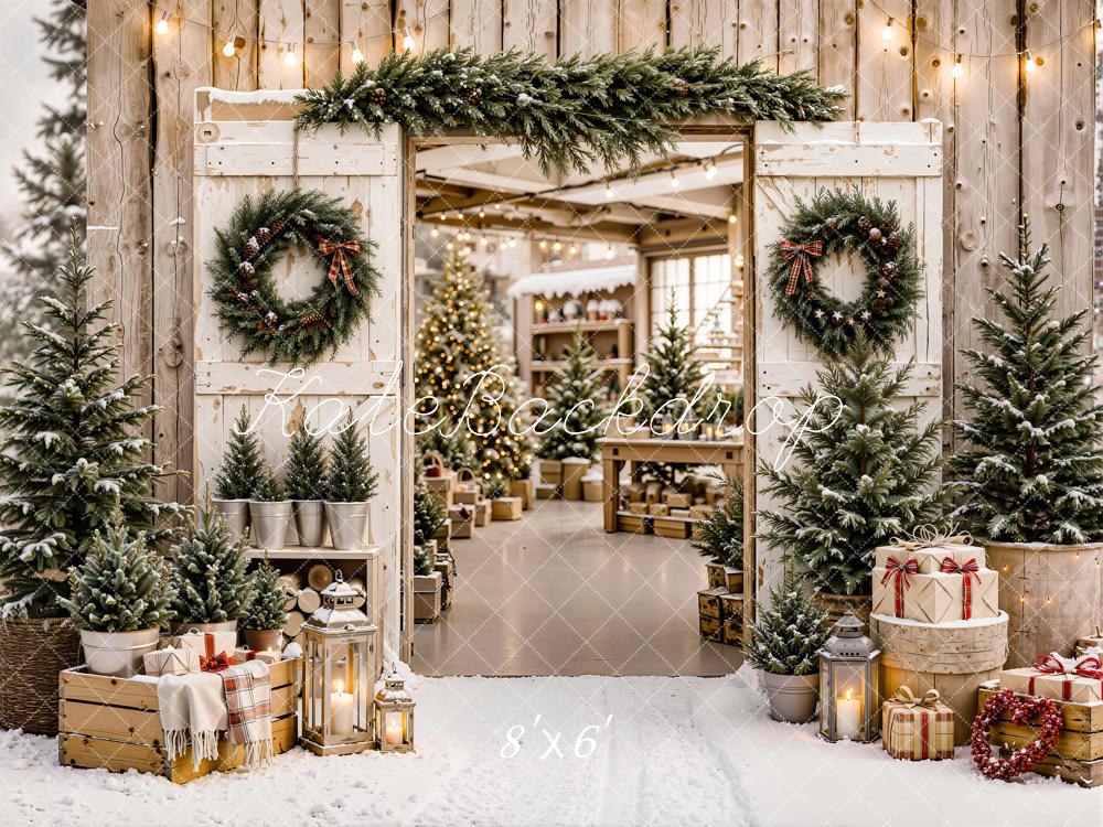 Kate Christmas Rustic Wood Cabin Door Evergreen Wreath Gifts Trees Printed Backdrop Designed by Emetselch
