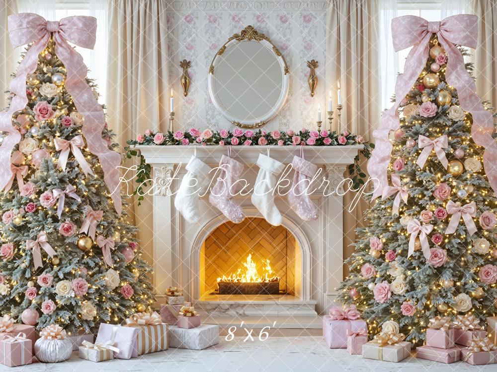 Kate Christmas Fireplace Pretty Pink Bow Trees Gifts Printed Backdrop Designed by Mini MakeBelieve