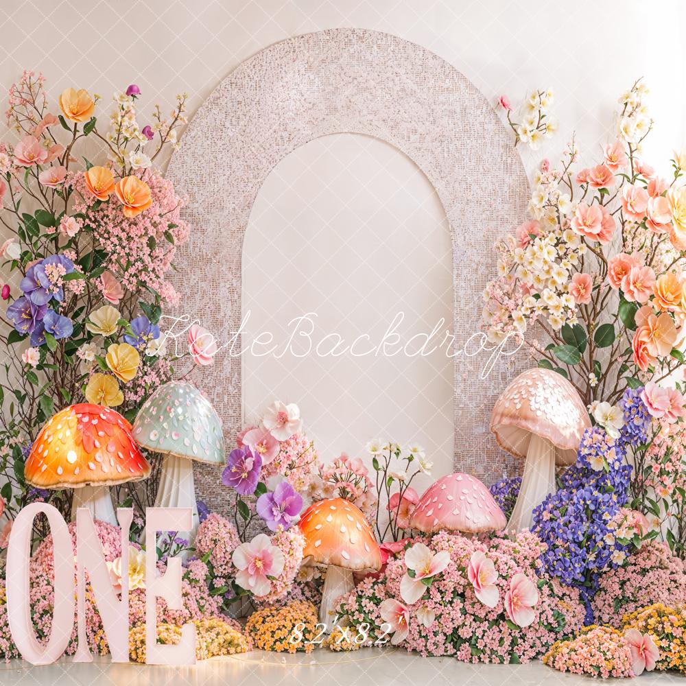 1e Verjaardag Foto Achtergrond met Bloemen en Paddenstoelenboog Ontworpen door Emetselch