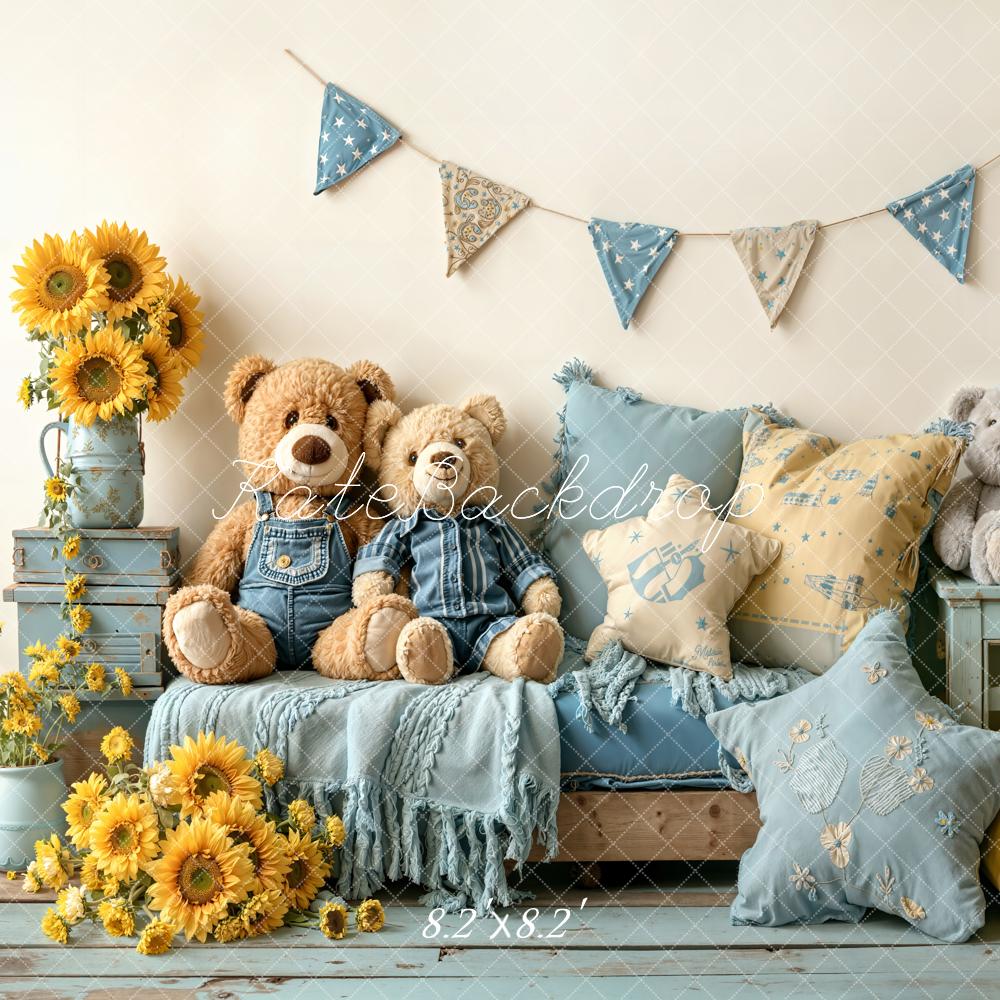 Kate Teddy Bears Sofa Sunflowers Blue Pillows Printed Backdrop Designed by Emetselch
