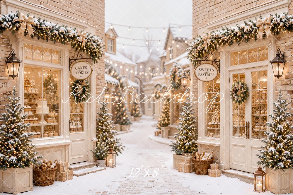Kate Christmas Snowy Village Bakery Street Printed Backdrop Designed by Emetselch