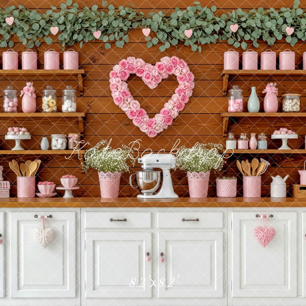 Kate Valentine's Day Pink Heart Floral Kitchen Cabinet Backdrop Designed by Patty Roberts