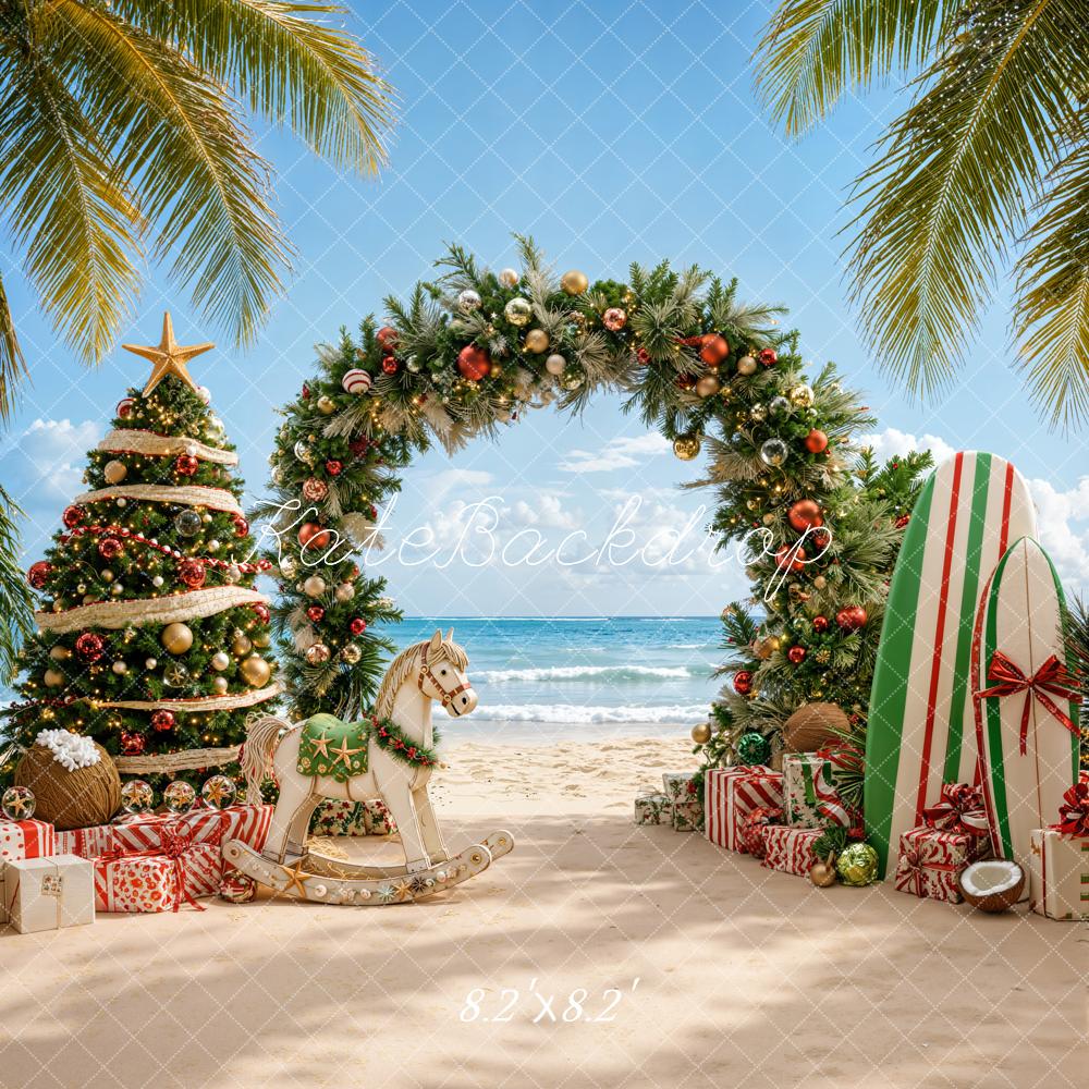 Kate Christmas Beach Tree Pine Arch Surfboard Rocking Horse Printed Backdrop Designed by Emetselch