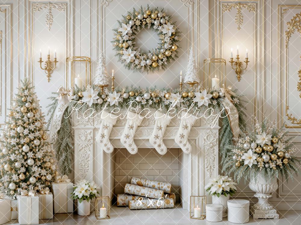 Kate Christmas Vintage Gold Fireplace Tree Wreath Printed Backdrop Designed by Mini MakeBelieve