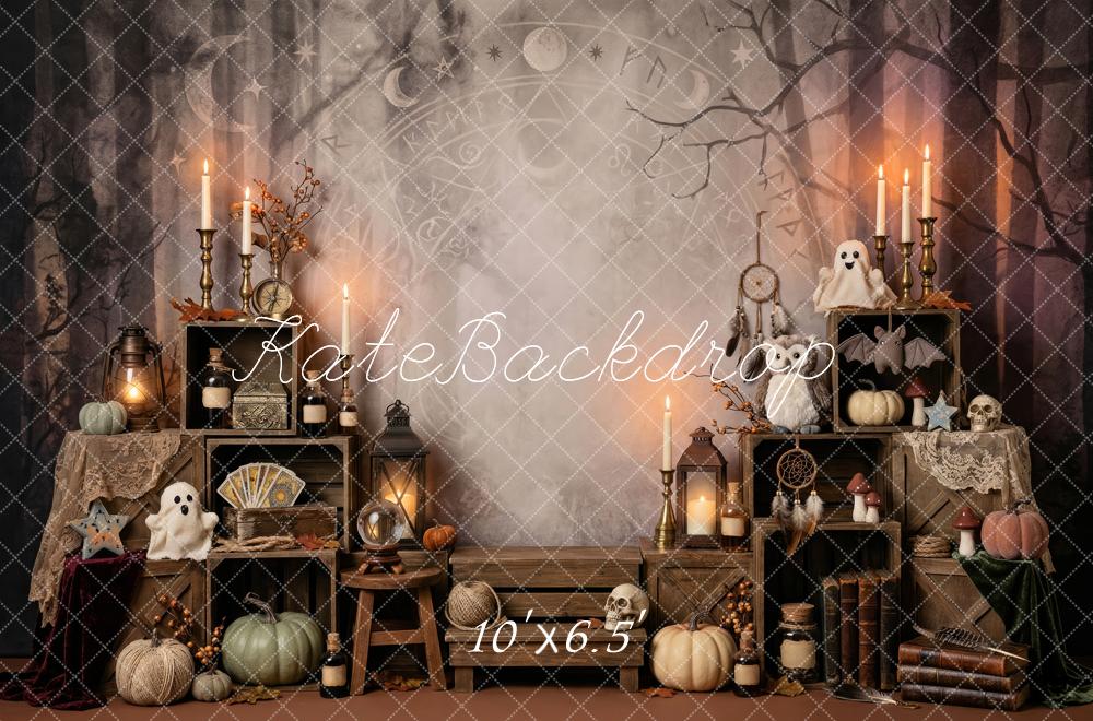 Kate Halloween Apothecary Cabinet Candles Pumpkins Spooky Printed Backdrop Designed by Patty Roberts