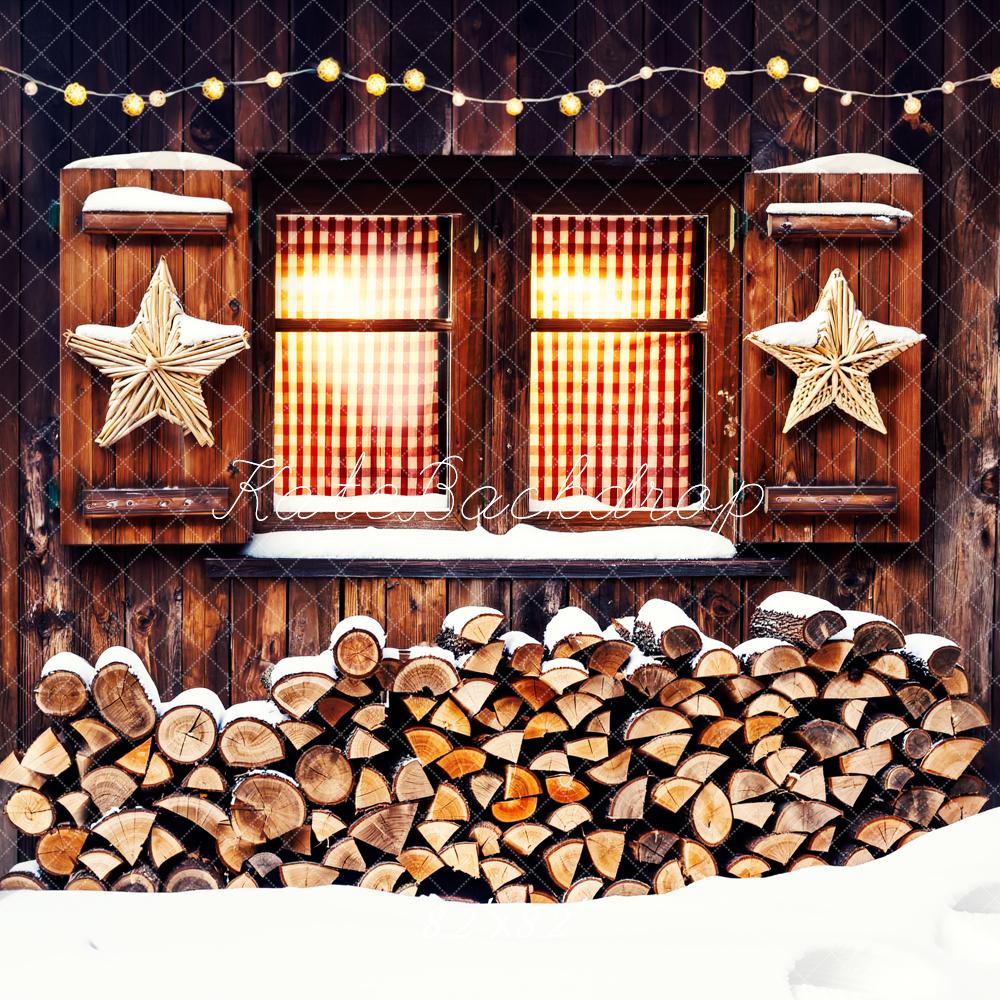 Kate Winter Wood Cabin Firewood Skis Stars Window Printed Backdrop Designed by Fantasyphotoart