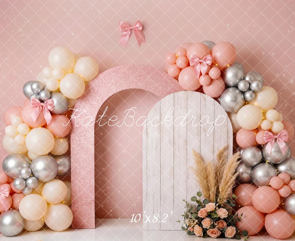 Kate Birthday Pink Balloon Arch Pampas Flowers Printed Backdrop Designed by Patty Roberts