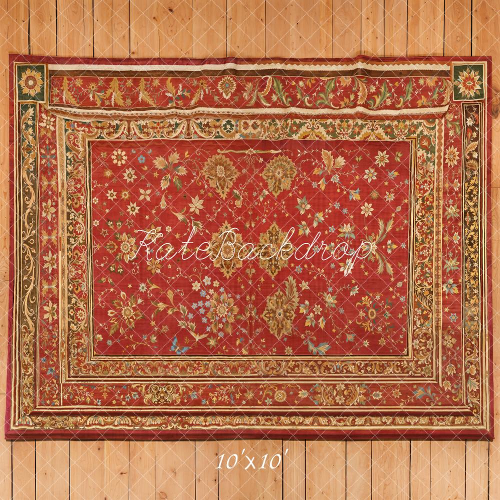 Kate Red Ornate Rug on Wood Floor Printed Backdrop Designed by Kate Image