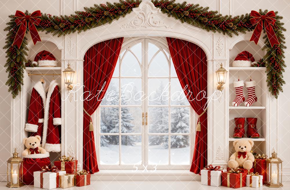 Kate Christmas Window Garland Red Curtains Gifts Built-In Cabinet Printed Backdrop Designed by Emetselch