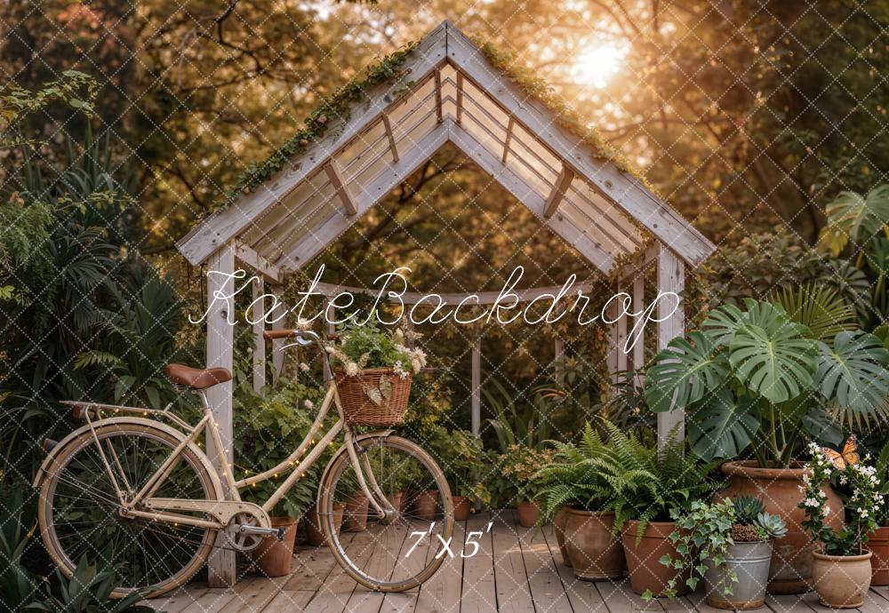 Kate Summer Garden Greenhouse Bicycle Potted Plants Printed Backdrop Designed by Emetselch
