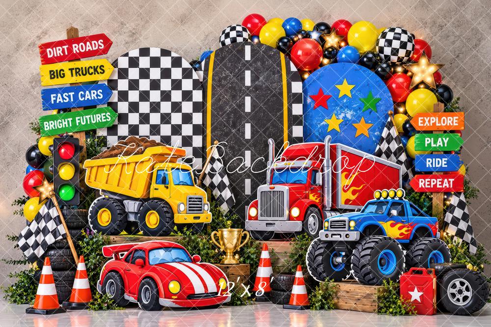 Kate Cake Smash All the Trucks Racing Cars Boys Printed Backdrop Designed by Laura Bybee