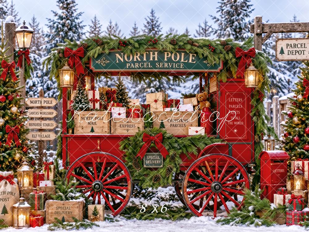 Kate Christmas North Pole Red Parcel Wagon Snowy Printed Backdrop Designed by Patty Roberts