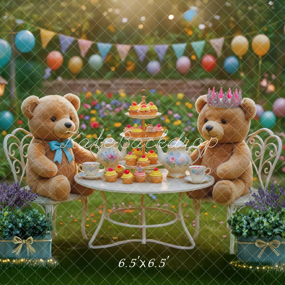 Kate Birthday Teddy Bears Tea Party Garden Balloons Flowers Backdrop Designed by Mini MakeBelieve
