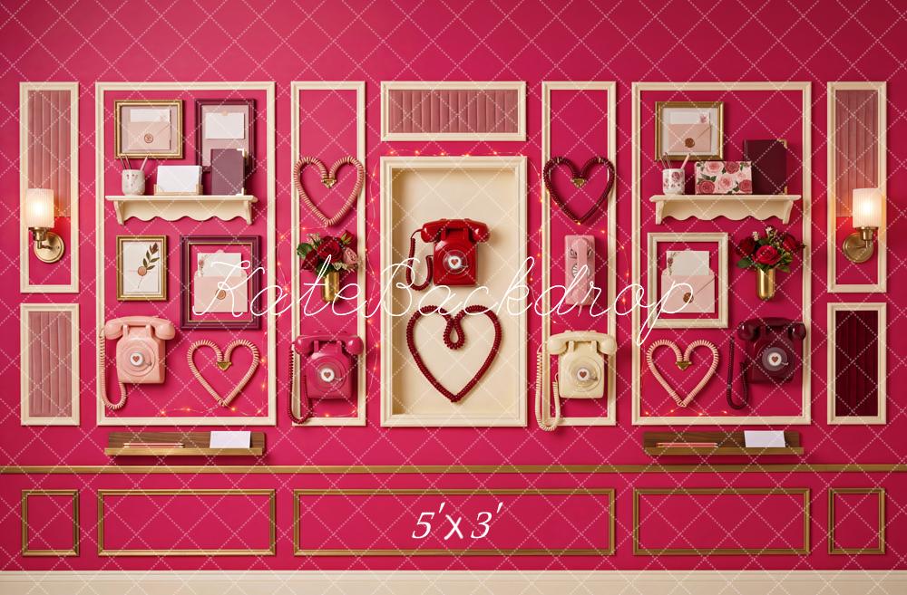 Kate Valentine's Day Pink Vintage Telephone Hearts Wall Printed Backdrop Designed by Patty Roberts