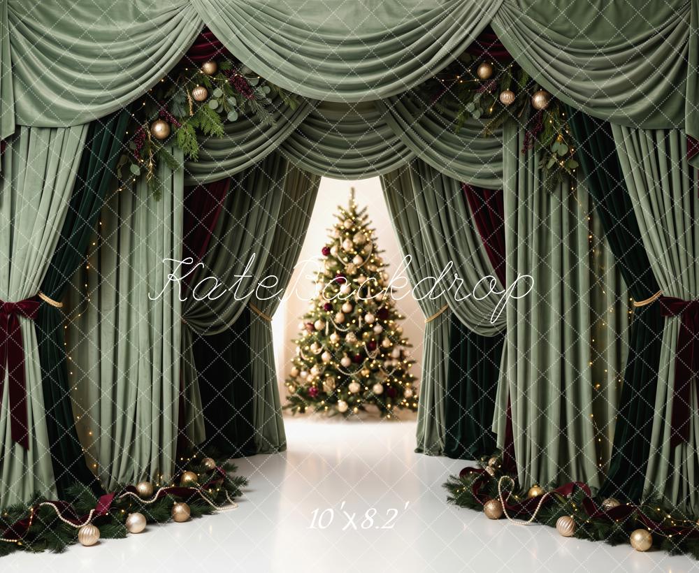 Kate Christmas Green Curtains Drapery Christmas Tree Printed Backdrop Designed by Patty Roberts