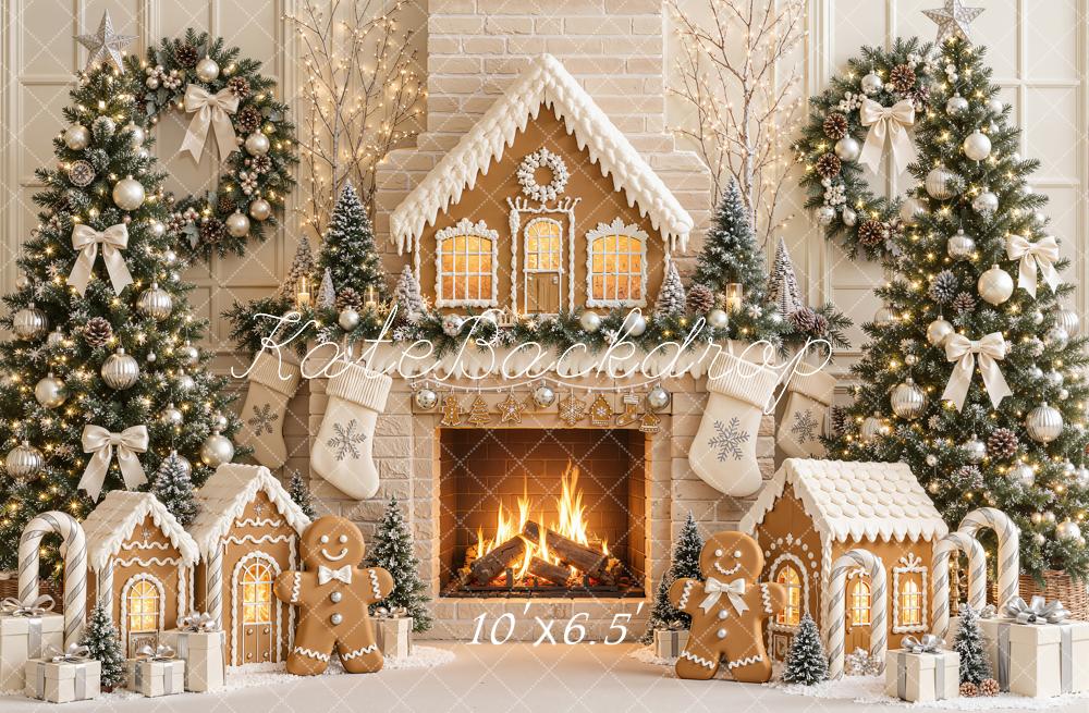 Kate Christmas Gingerbread Fireplace Christmas Trees Wreath Printed Backdrop Designed by Emetselch