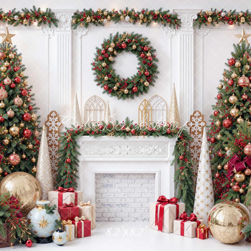 Kate Christmas Fireplace Christmas Tree Garland Presents Printed Backdrop Designed by Mini MakeBelieve