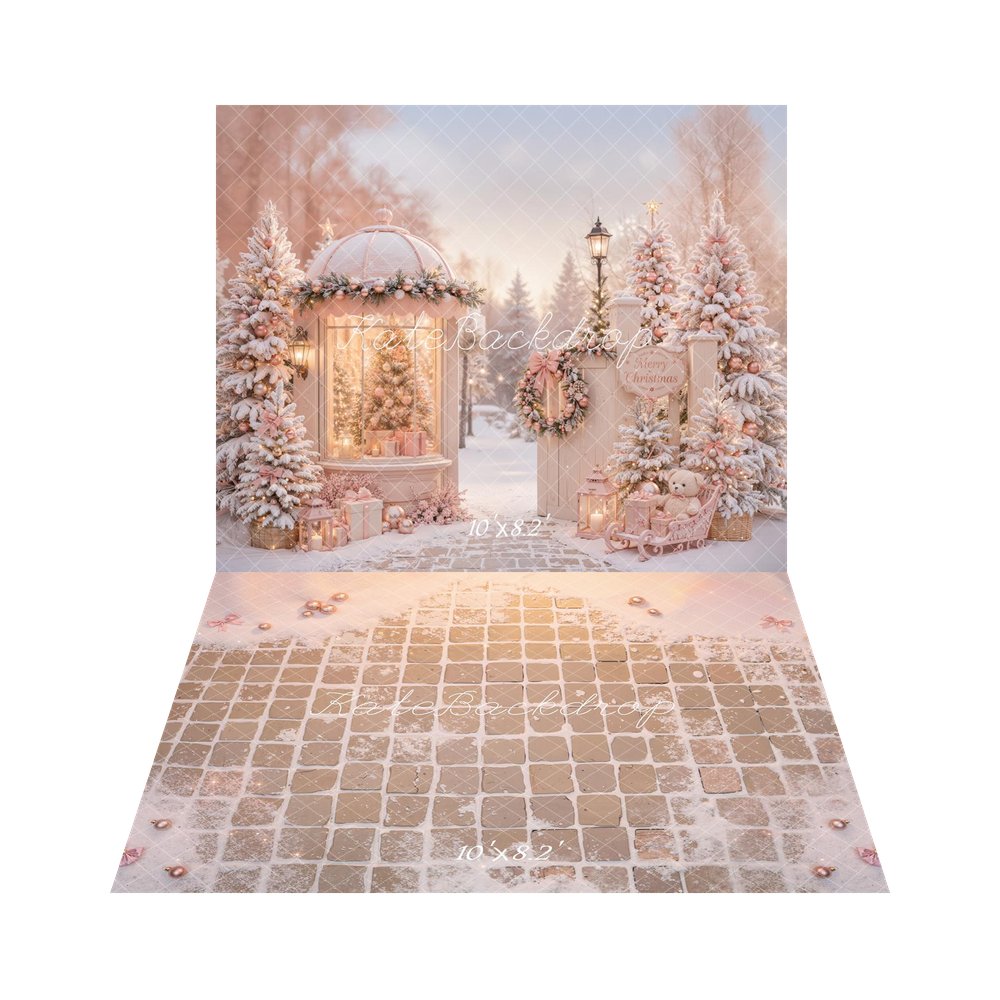 Kate Christmas Pink Gazebo Snowy Christmas Trees Gifts Sleigh Printed Backdrop+Snowy Pink Tile Floor Printed Backdrop