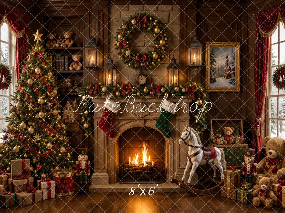 Kate Christmas Fireplace Tree Presents Rocking Horse Teddy Bear Printed Backdrop Designed by Emetselch