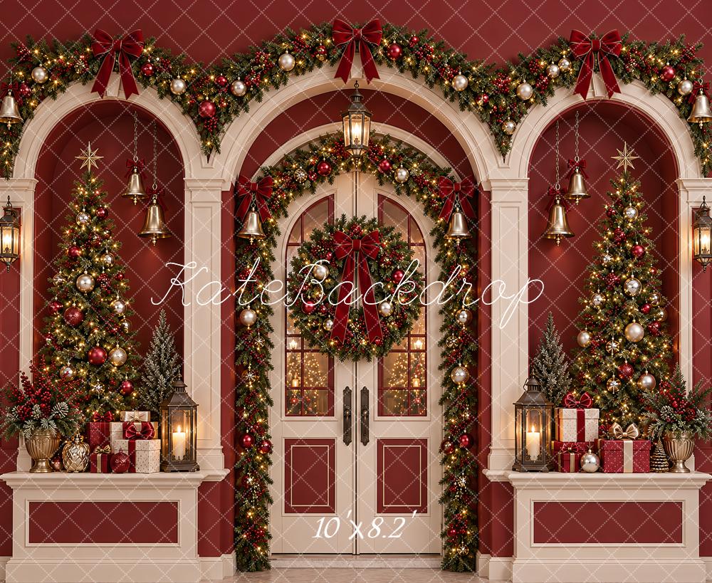 Kate Christmas Red Doorway Arch Garland Wreath Bells Printed Backdrop Designed by Vertigo Productions