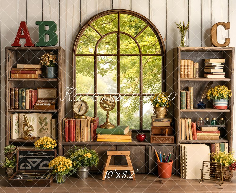 Kate Back to School Bookshelves Window Books Flowers Printed Backdrop Designed by Emetselch