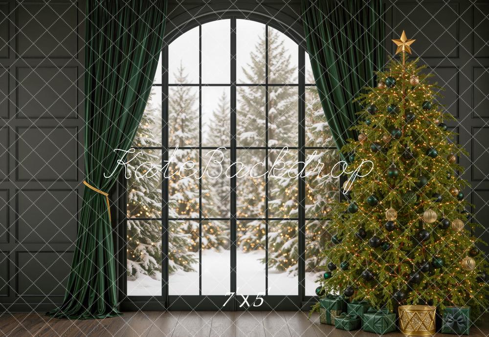 Kate Christmas Tree Window Green Curtains Printed Backdrop Designed by Mini MakeBelieve