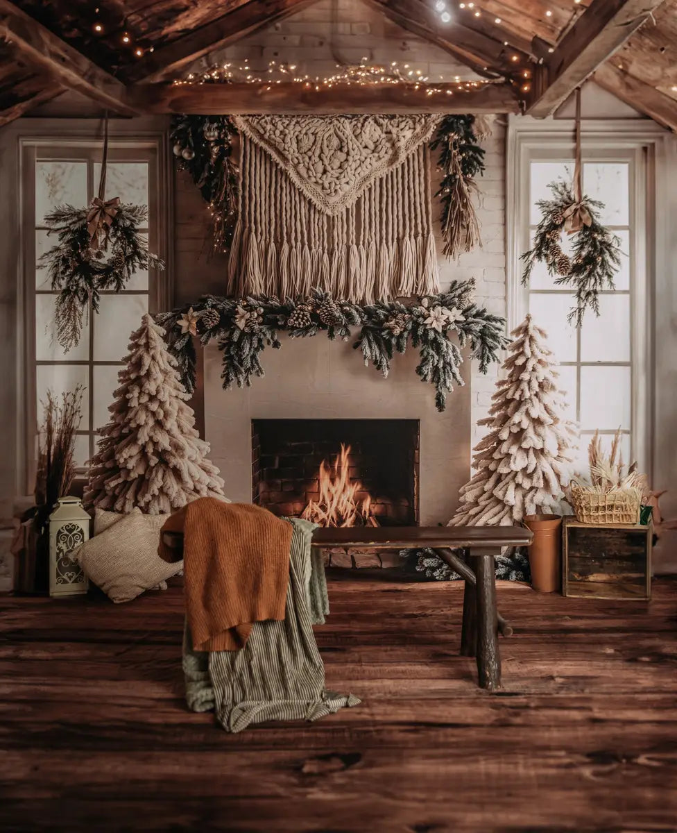 KBPA 2025 Kate Christmas Tree Boho Fireplace White Backdrop Designed by Emetselch