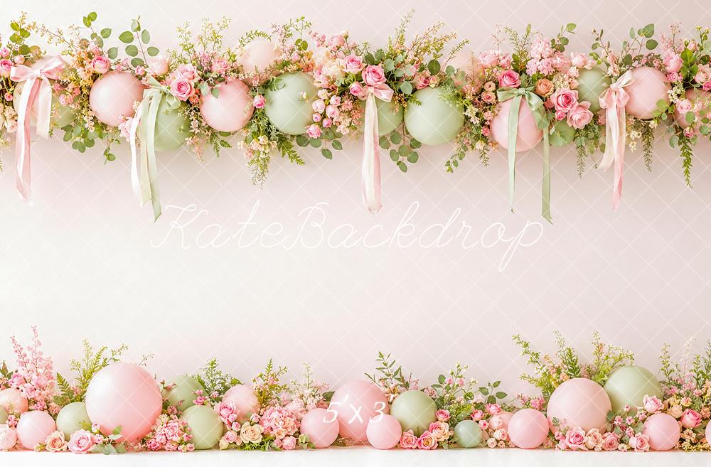 Kate Spring Pastel Floral Balloon Garland Ribbons Bows Printed Backdrop Designed by Angela Miller