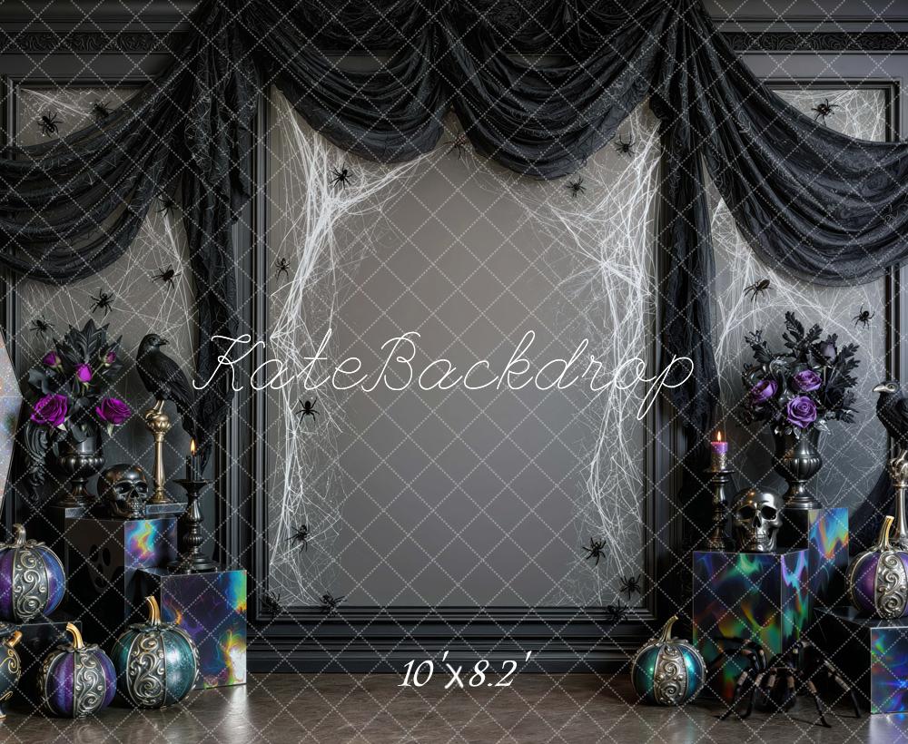 Kate Halloween Gothic Spider Web Skull Pumpkins Black Drapes Printed Backdrop Designed by Mini MakeBelieve