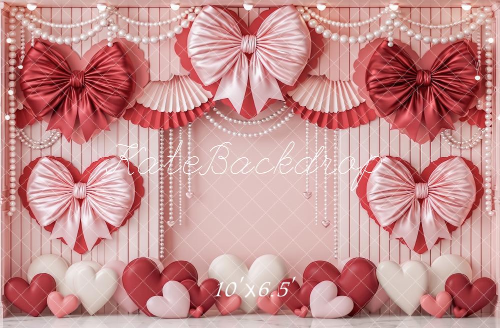 Kate Valentine's Day Pink Heart Satin Bows Pearls Printed Backdrop Designed by Angela Miller