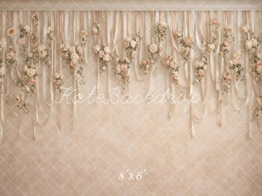 Kate Boho Neutral Flower Arch Hanging Ribbons Printed Backdrop Designed by Vertigo Productions