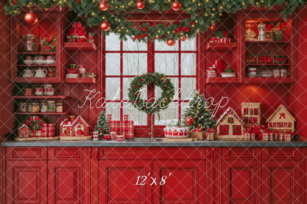 Kate Christmas Red Kitchen Cabinet Garland Gingerbread House Wreath Backdrop Designed by Emetselch