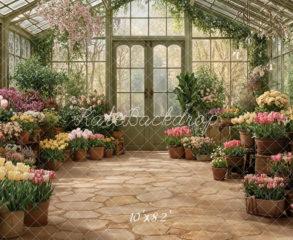 Kate Spring Greenhouse Flower Pots and Stone Floor Printed Backdrop Designed by Emetselch