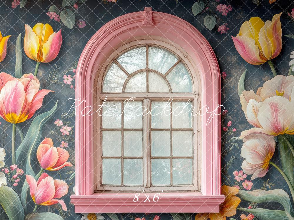 Fondo de pared de flores tulipanes rosa en arco diseñado por Mini MakeBelieve