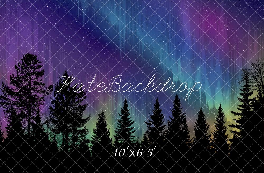 Kate Aurora Borealis Night Forest Printed Backdrop Designed by Angela Miller