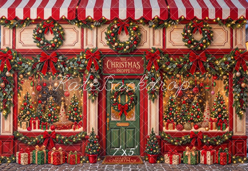 Kate Christmas Storefront Wreaths Gift Boxes Red Striped Awning Bow Printed Backdrop Designed by Angela Miller