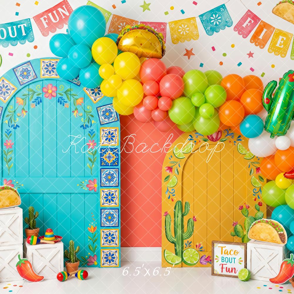 Kate Cake Smash Mexico Taco Fiesta Balloon Arch Cactus Printed Backdrop Designed by Patty Roberts