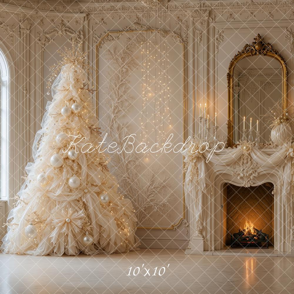 Kate Christmas Tree Luxury Ivory Tulle Fireplace Mirror Printed Backdrop Designed by Shutter Swan Studios