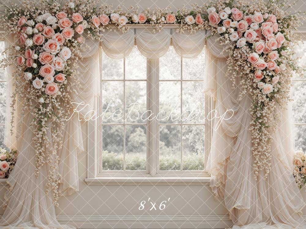 Kate Summer Flower Arch Window Drapes Pink Roses Printed Backdrop Designed by Mini MakeBelieve