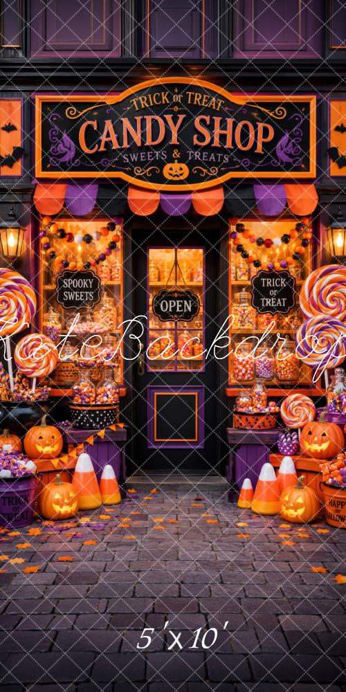 Kate Sweep Halloween Candy Shop Pumpkins Lollipops Cobblestone Printed Backdrop Designed by Megan Leigh Photography