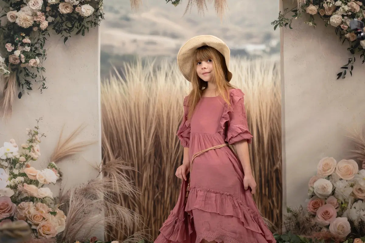 Kate Boho Flower Arch Wheat Field Backdrop Designed by Mini MakeBelieve