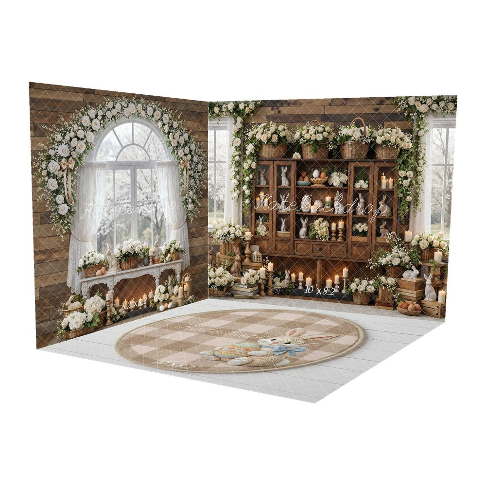 Kate Easter Bunny Wooden Cabinet Flowers Candles Backdrop Room Set