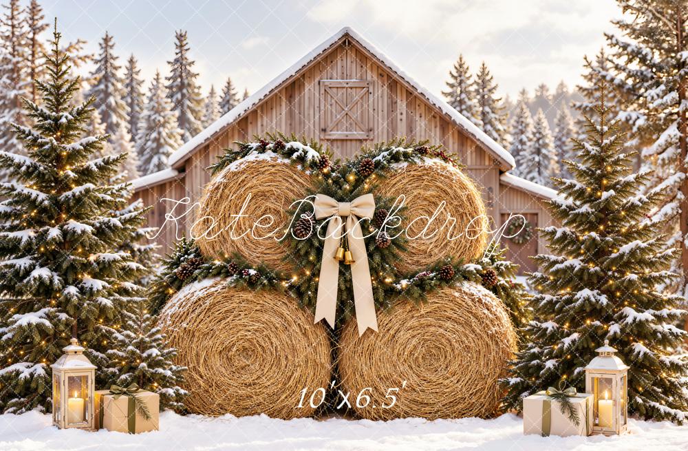 Kate Christmas Hay Bales Snowy Barn Pine Trees Bow Printed Backdrop Designed by Emetselch