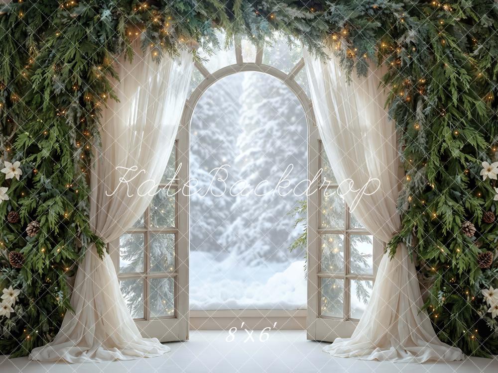 Kate Christmas Window Garland Pinecones Arch Snowy Forest Printed Backdrop Designed by Mini MakeBelieve