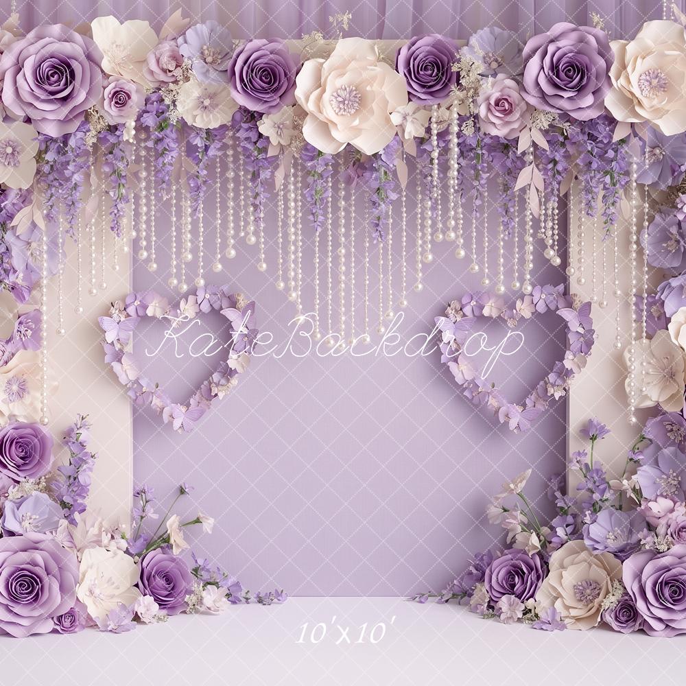Kate Valentine's Day Purple Paper Flower Arch Pearls Printed Backdrop Designed by Angela Miller
