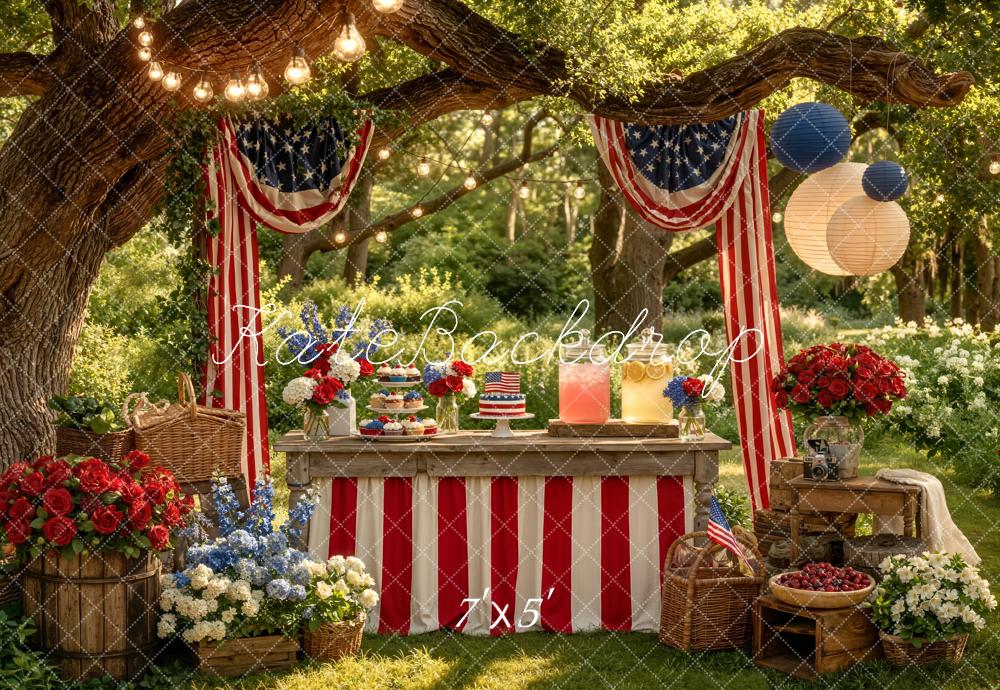 Kate Independence Day Patriotic Picnic Table Red White Blue Flowers American Flags Printed Backdrop Designed by Emetselch