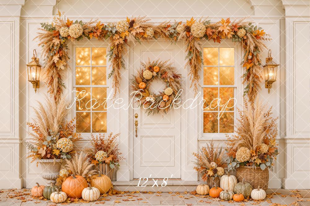 Kate Fall Front Door Floral Garland Wreath Pumpkins Window Printed Backdrop Designed by Emetselch