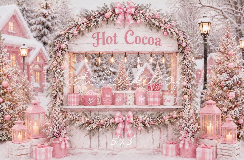 Kate Christmas Pink Hot Cocoa Stand Snowy Village Printed Backdrop Designed by Ashley Paul