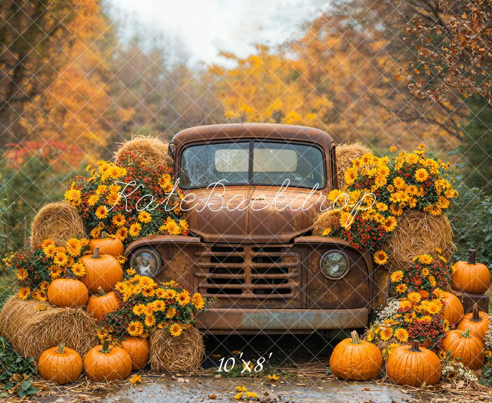 Kate Fall Vintage Truck Pumpkins Hay Bales Sunflowers Backdrop Designed by Emetselch